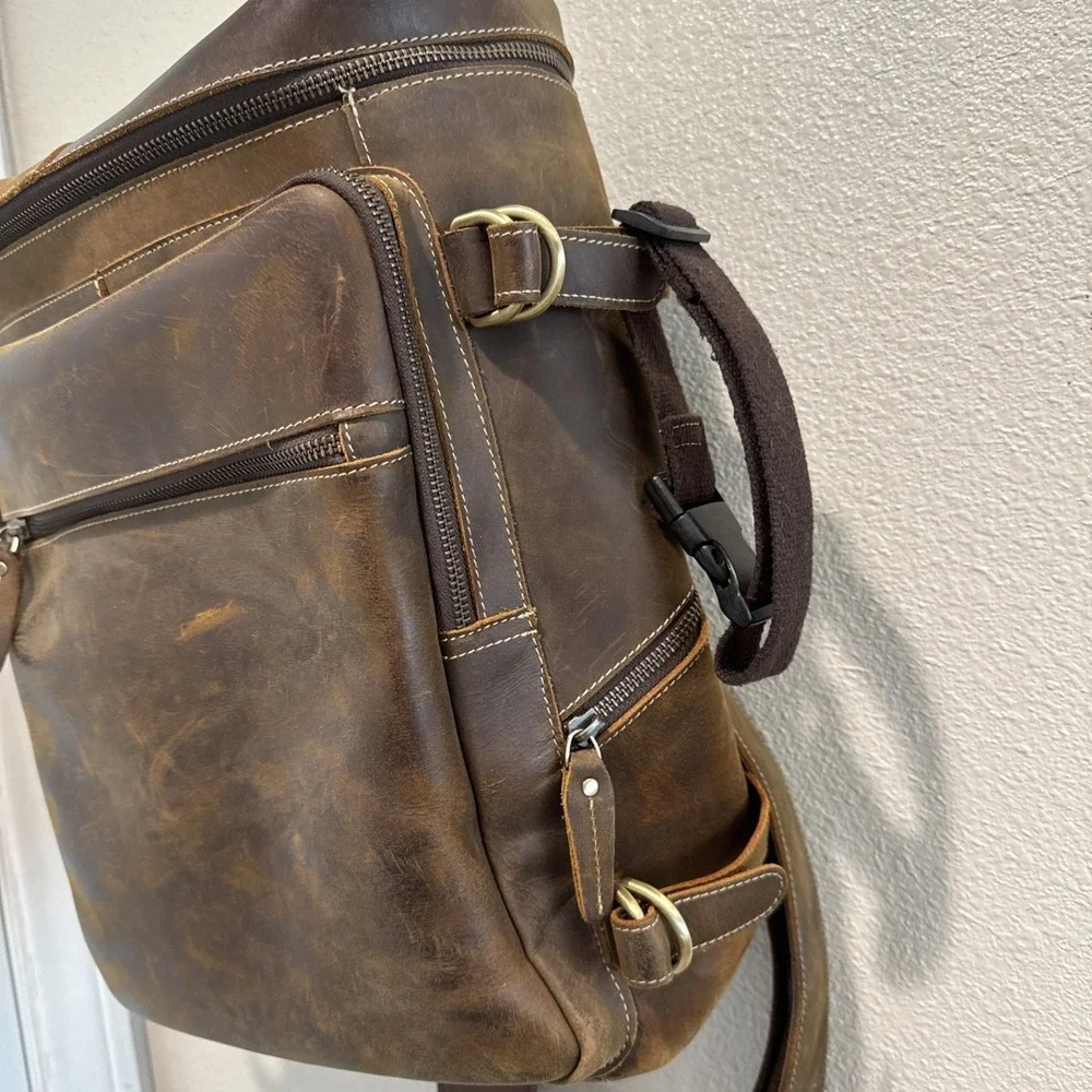 Leather Bag Laptop Backpack Genuine Rucksack Vintage Travel Men's Brown 13x14